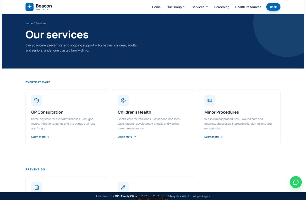 Services page on the Beacon demo — GP consultation, screening, vaccinations, chronic care, children’s health and more as cards