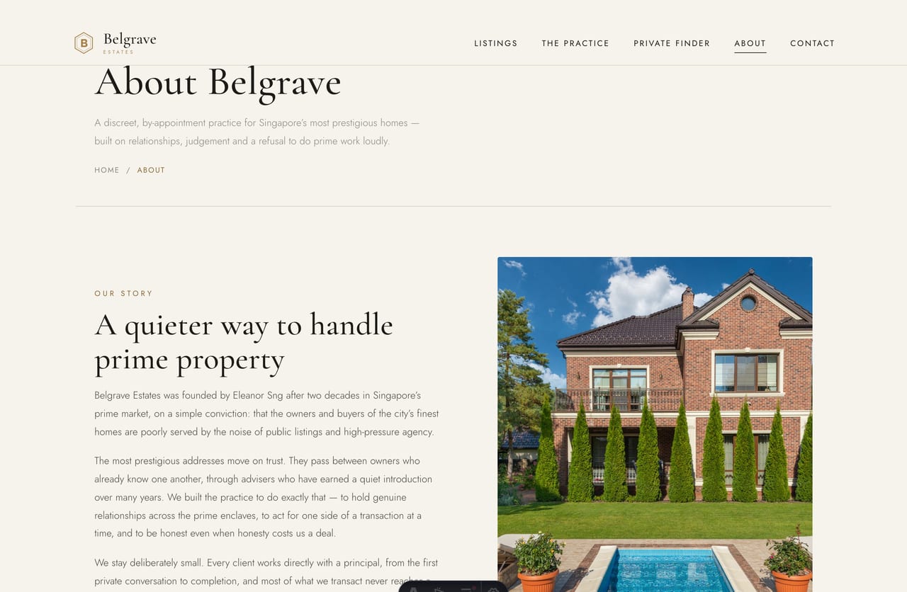 About page with founder story, advisers and enclave directory on a GCB specialist website