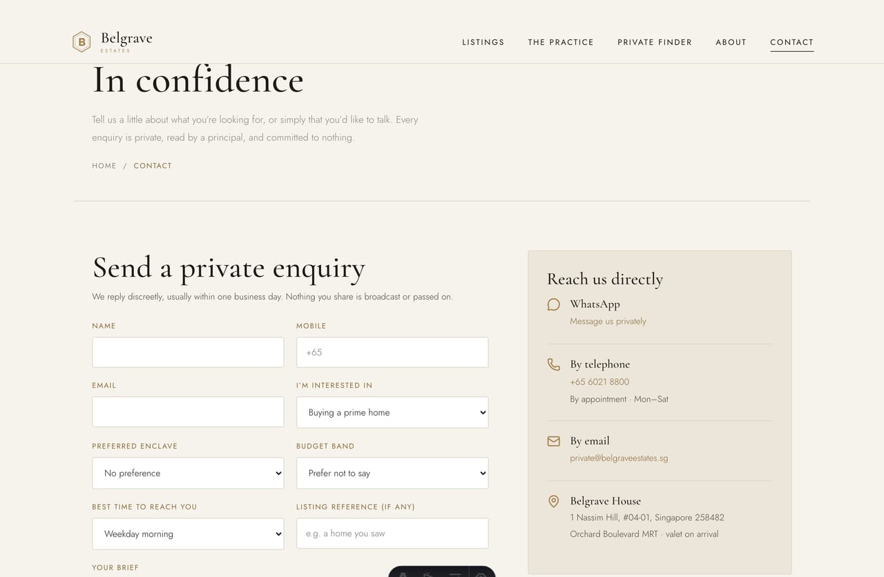 Private enquiry form page on a Singapore luxury property website