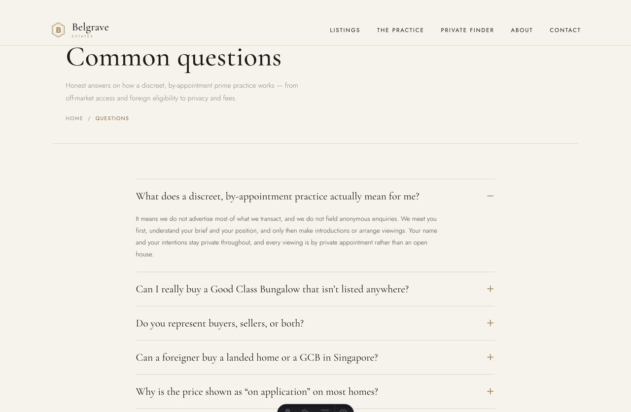 FAQ accordion on a discreet prime property website in Singapore
