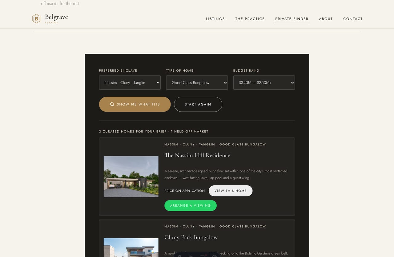 Private Home Finder shortlist of matched off-market homes on a luxury property website