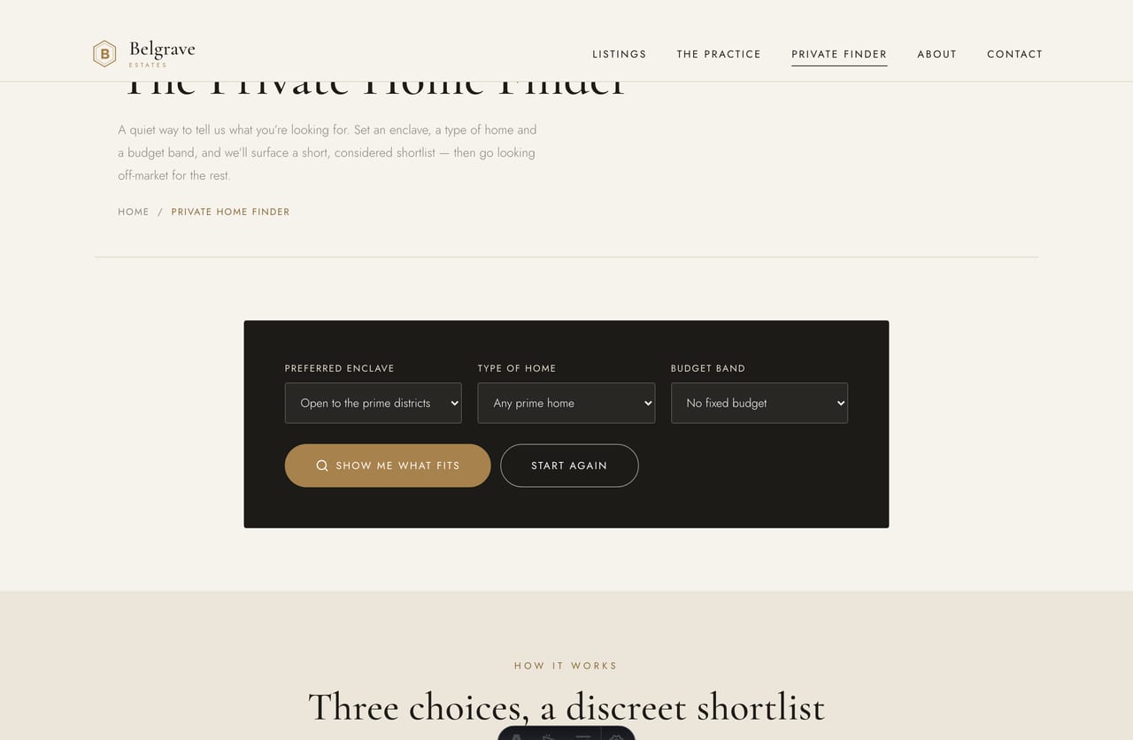 Private Home Finder tool on a Singapore luxury property website — enclave, type and budget inputs