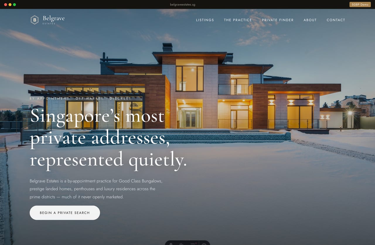 Belgrave Estates luxury / GCB property website homepage demo — full-bleed cinematic hero and curated listings (Singapore)