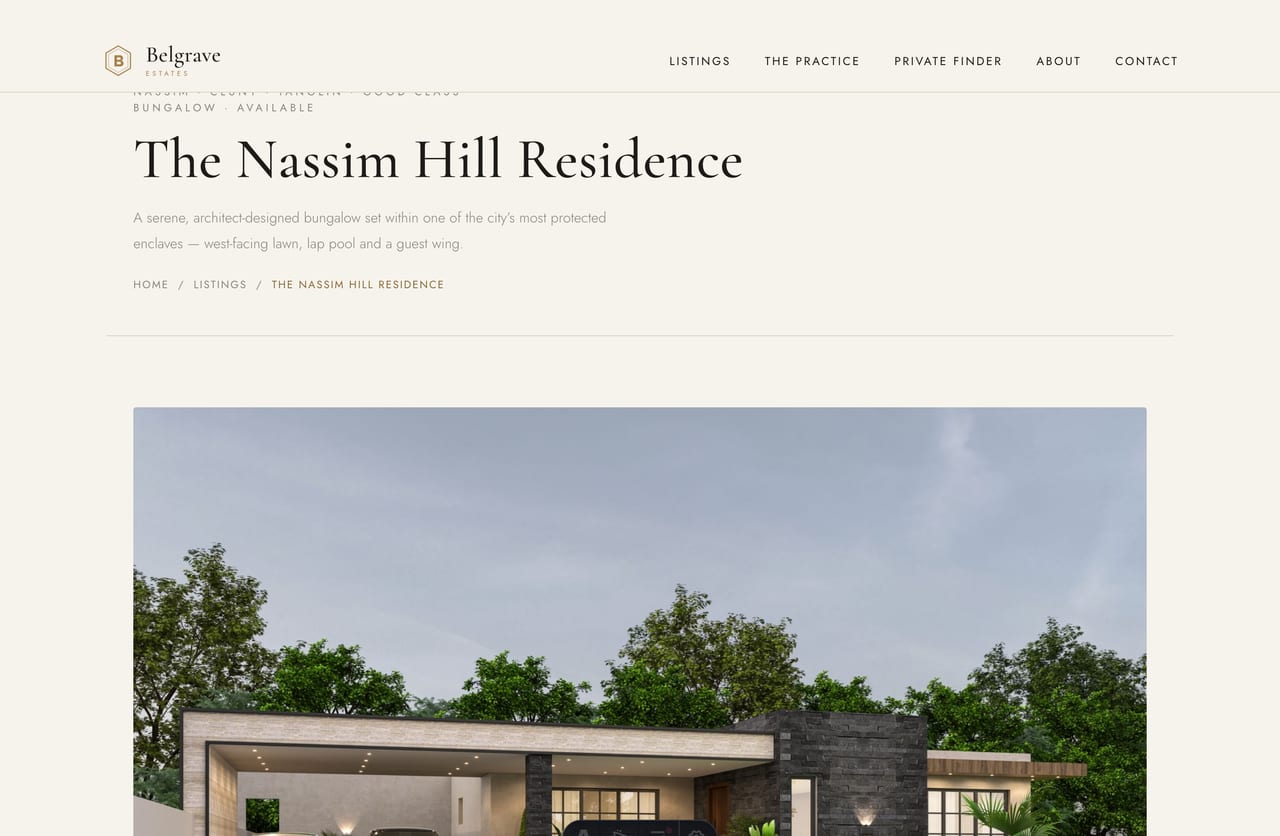 Single property detail page with Property Overview spec list on a luxury home website