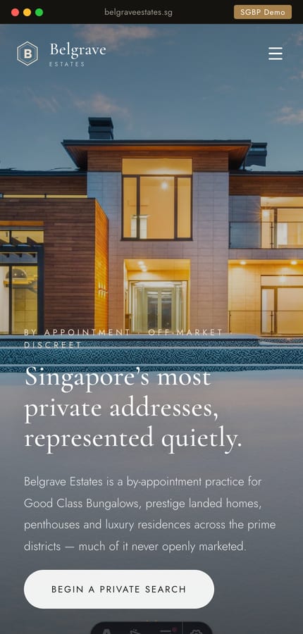 Mobile view of the Belgrave Estates luxury property website with full-bleed hero