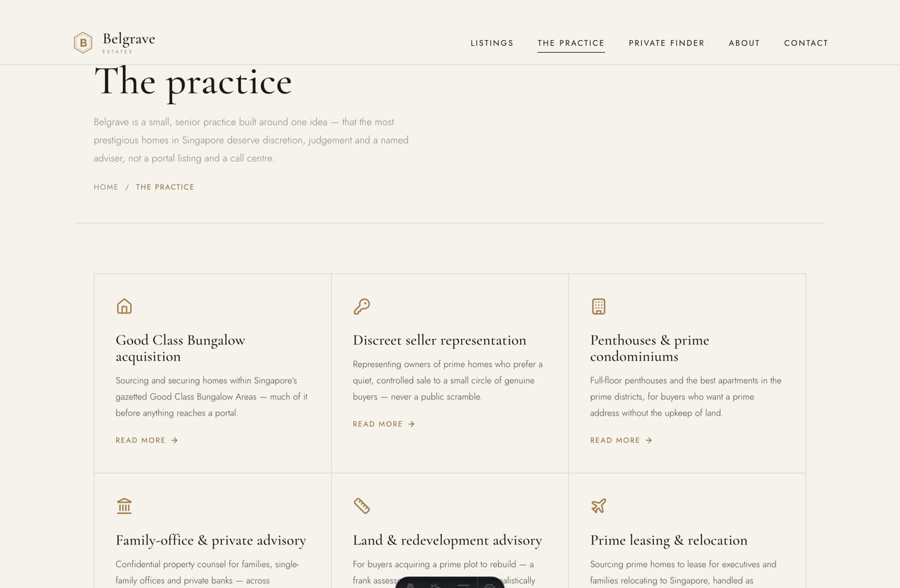 The Practice page on a discreet prime property website in Singapore