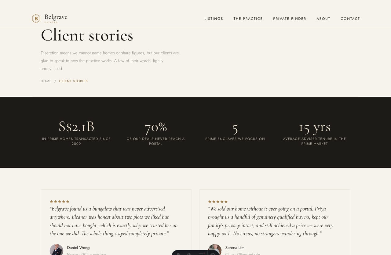 Client stories page on a luxury property practice website in Singapore