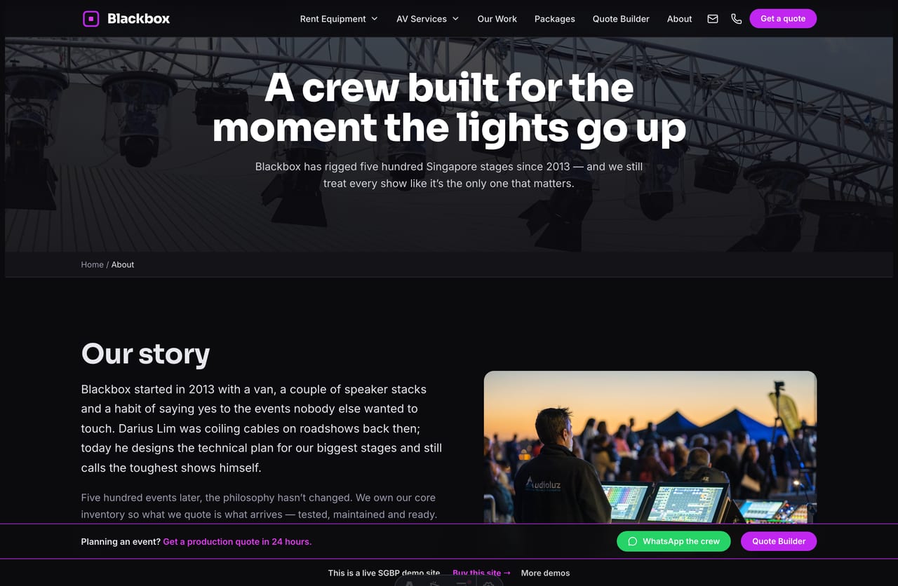 The About page for a Singapore event-production company — founder story, stats band and crew profiles