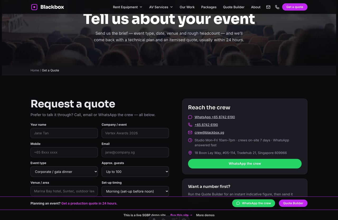 Get-a-quote page on the Blackbox demo — a PDPA-aware enquiry form with event type, scope and contact channels