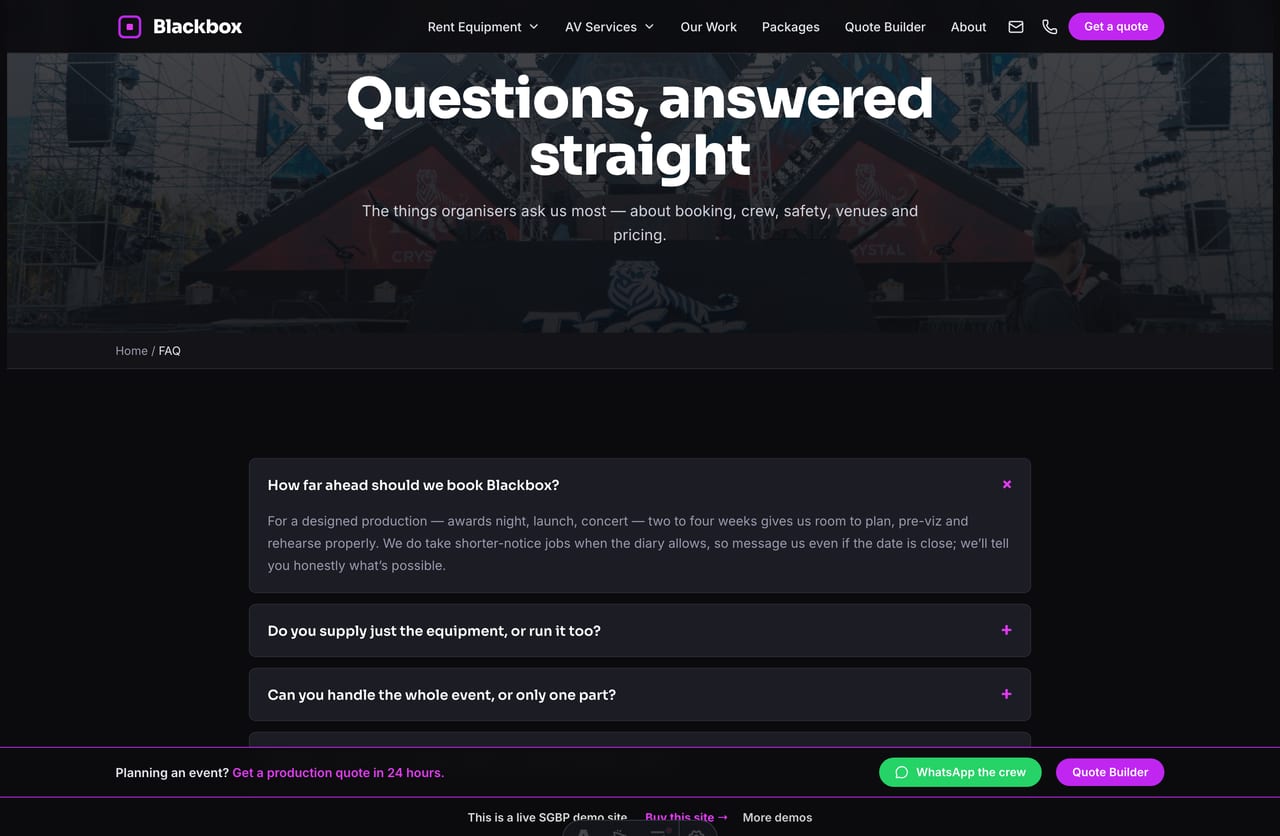 FAQ page on the Blackbox demo — a dark question-pill accordion about booking, crew and safety