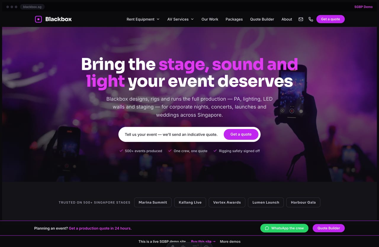 Blackbox event-production Singapore website homepage demo — a dark, neon-magenta site with a full-bleed concert hero, a quote pill bar and dark service cards