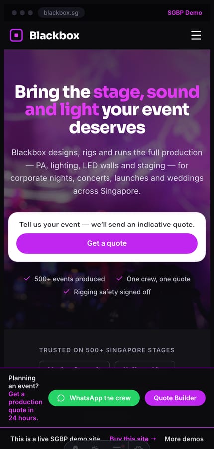 The Blackbox event-production website on mobile — the dark hero and quote CTA at 430px