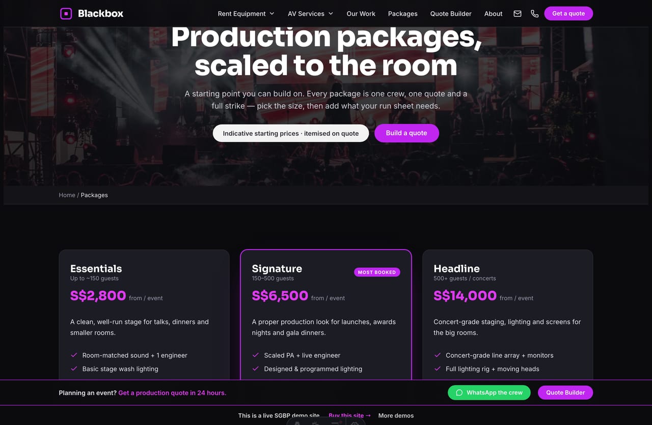 Packages page on the Blackbox demo — Essentials, Signature and Headline production packages with inclusions