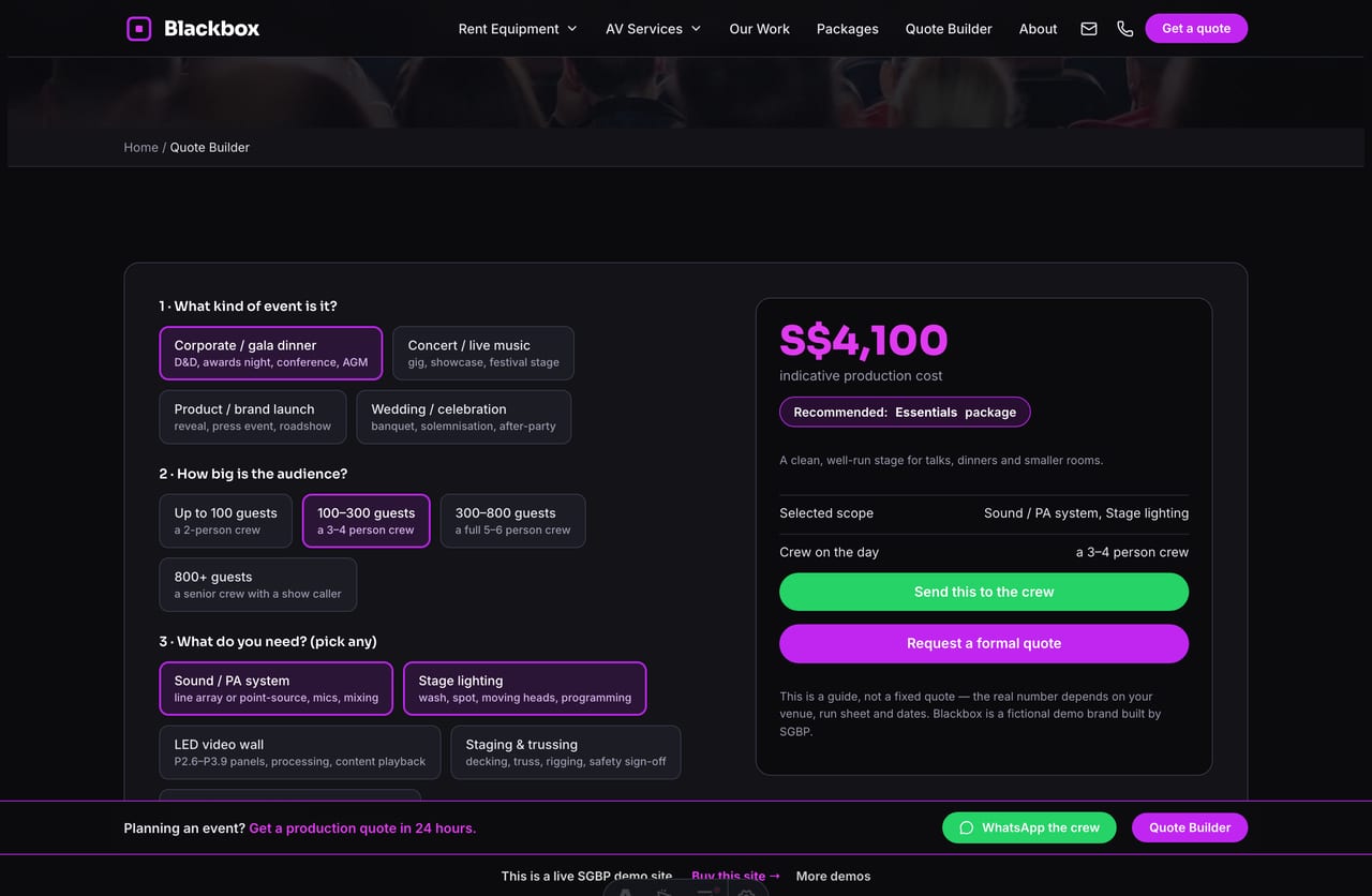 The interactive Event Production Quote Builder on the Blackbox demo — pick event type, audience size and scope to see an indicative budget