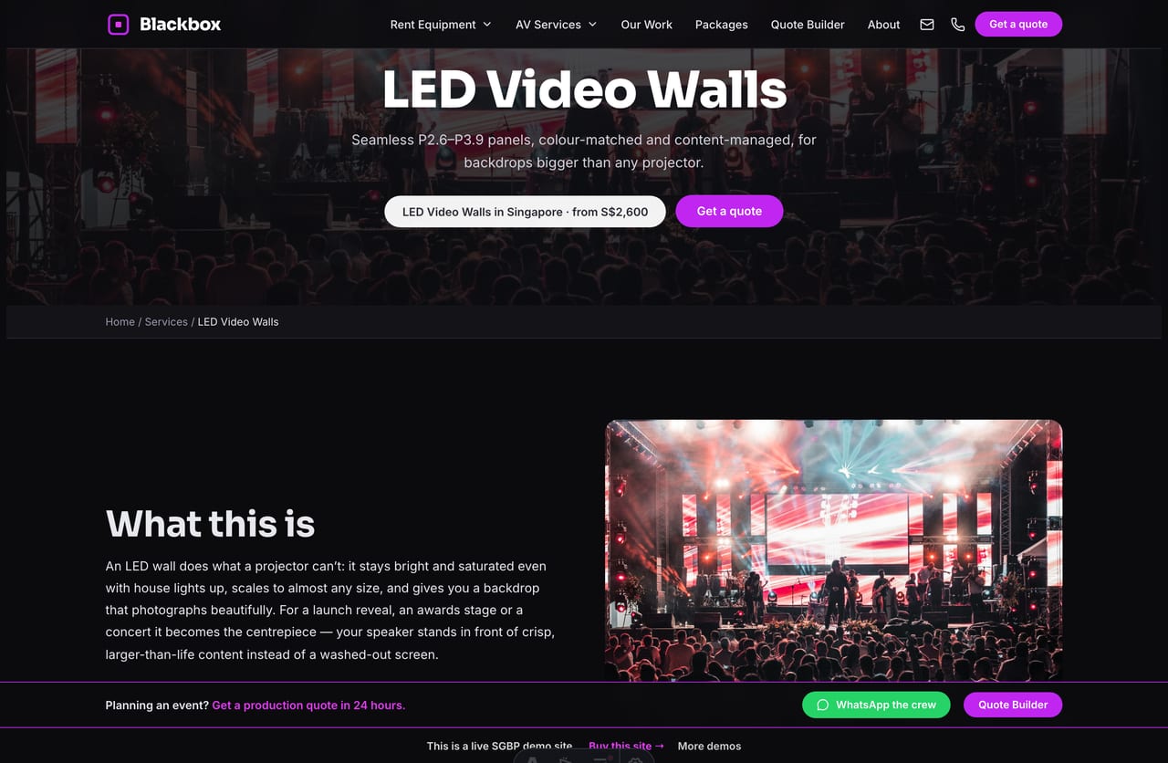 A service detail page on the Blackbox demo — a dark photo banner, alternating image/text rows and an includes table