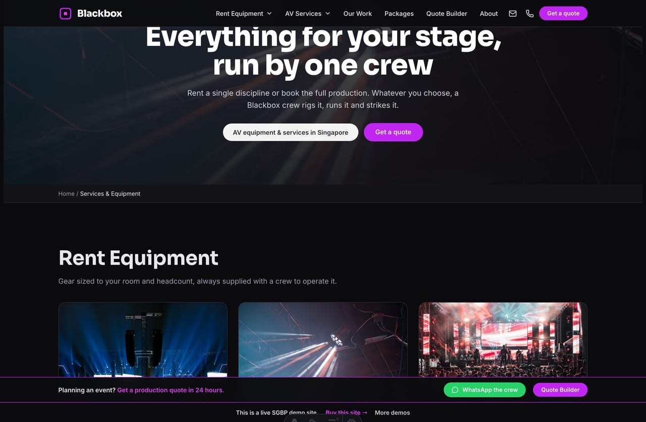 Services page on the Blackbox demo — sound, lighting, LED walls, staging, projection and live stream as dark image-top cards