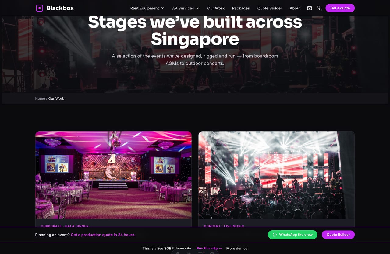 The portfolio / Our Work page on the Blackbox demo — past event case studies with photos, scale and crew