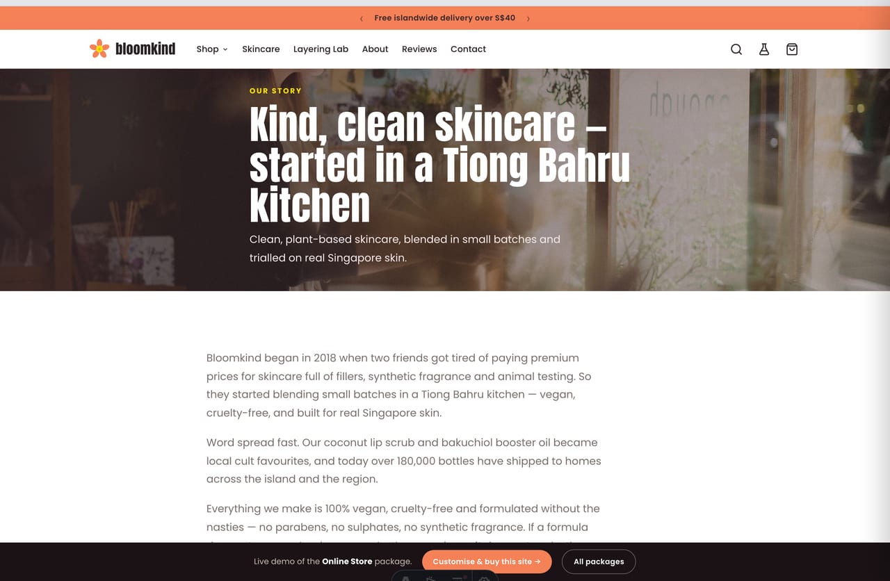 About and brand-story page for a Singapore vegan skincare brand made in a Tiong Bahru kitchen