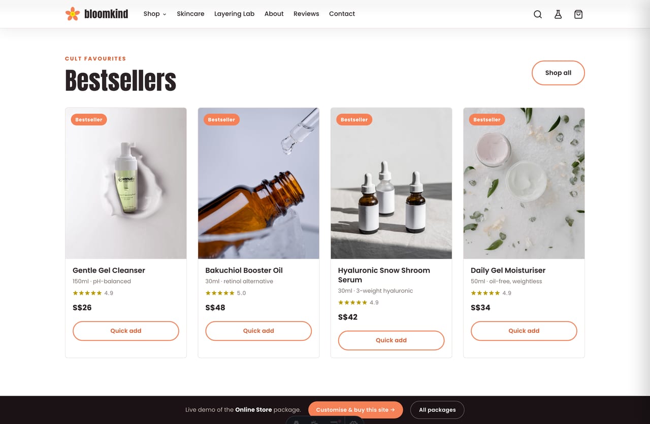 Bestseller skincare products carousel on the Bloomkind vegan skincare store