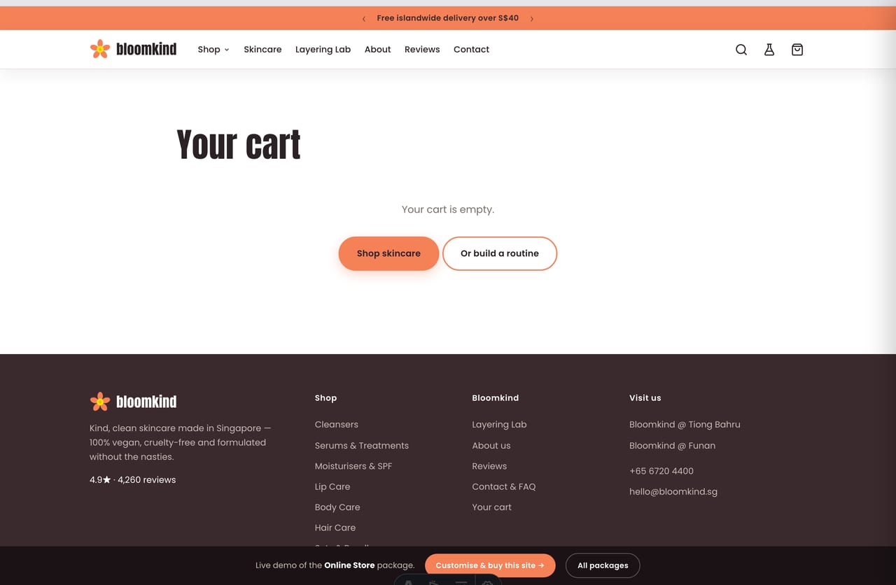 Slide-out cart drawer with a free-islandwide-delivery progress bar on the Singapore skincare store