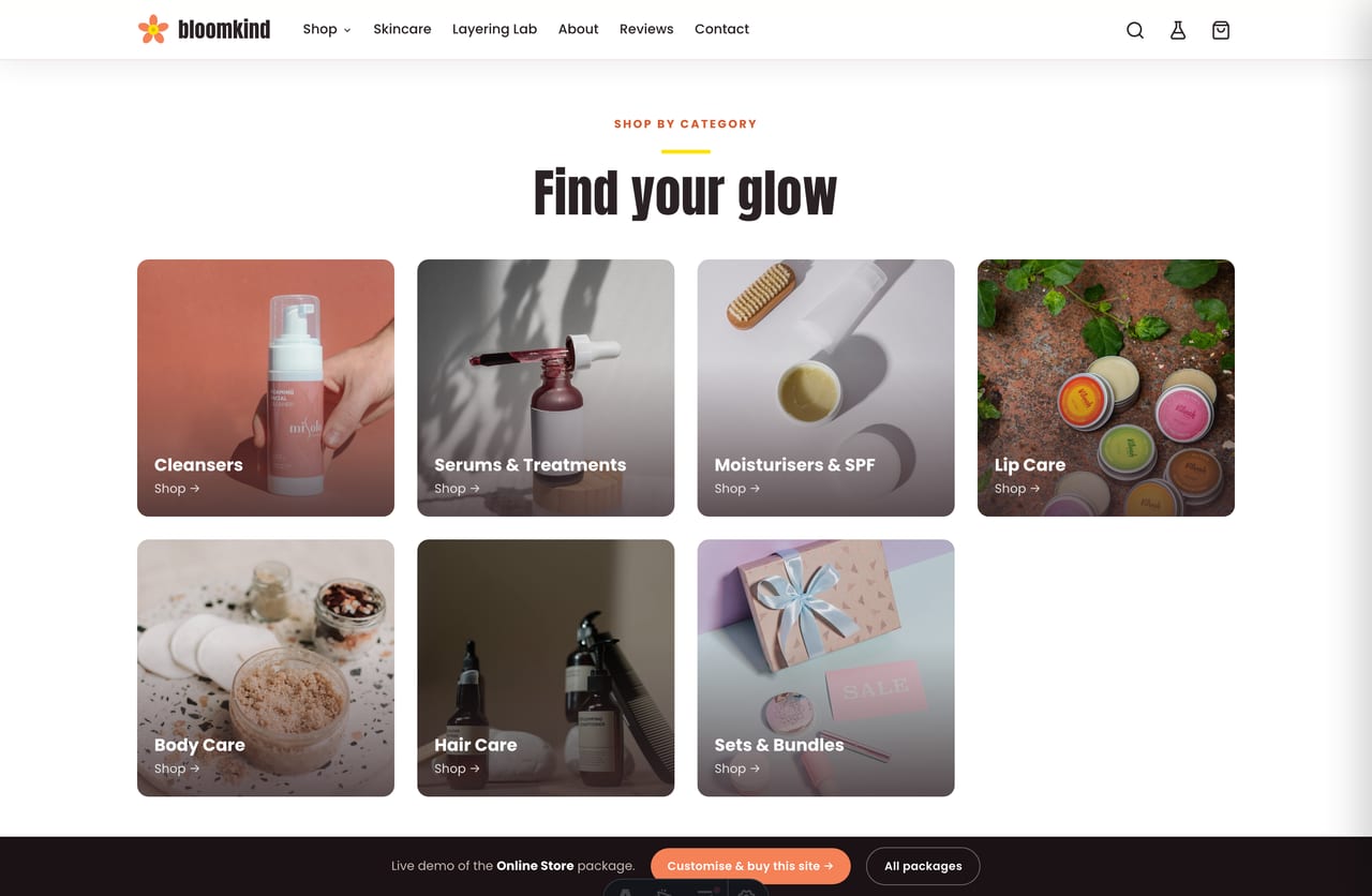 Shop-by-category tiles for a Singapore skincare store — cleansers, serums, moisturisers, lip, body and hair care