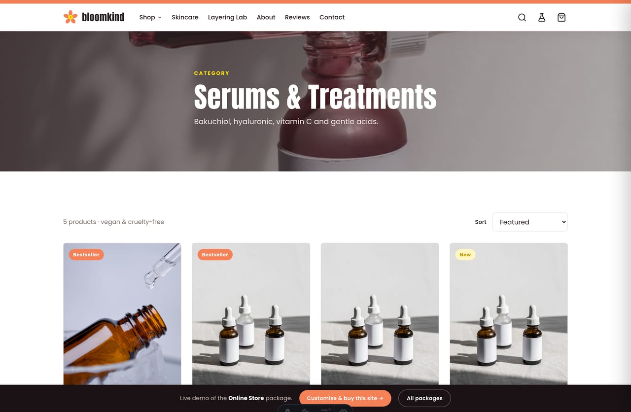 Serums & treatments collection page with sorting on the Singapore skincare store demo