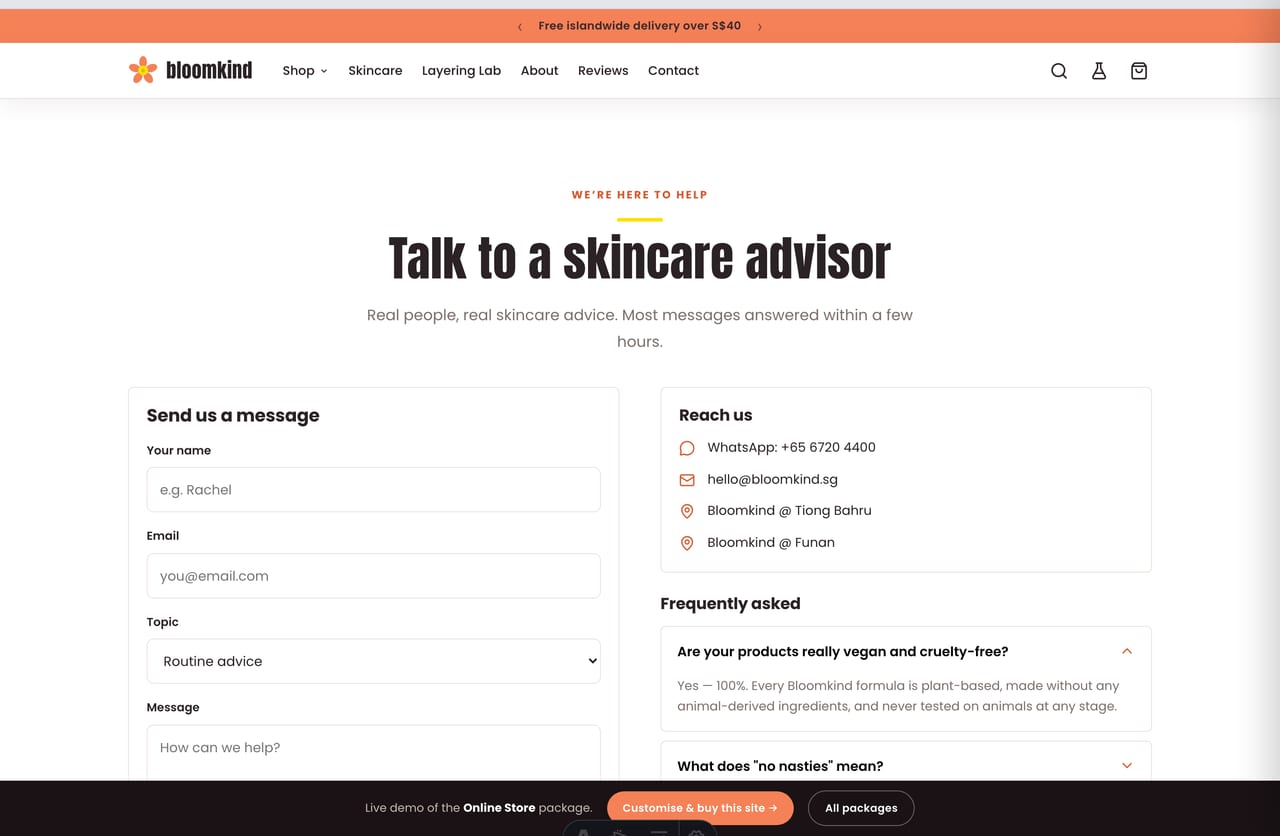 Contact, store-location and WhatsApp page on the Bloomkind skincare store demo