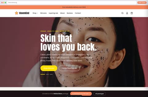 Bloomkind skincare brand online store homepage demo — bold hero, vegan badges and islandwide-delivery promise (Singapore)