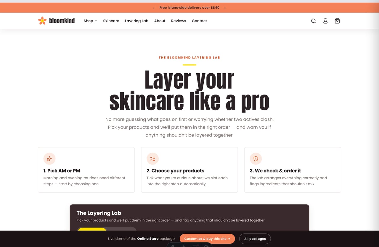 Interactive Layering Lab routine builder on the Bloomkind Singapore skincare store