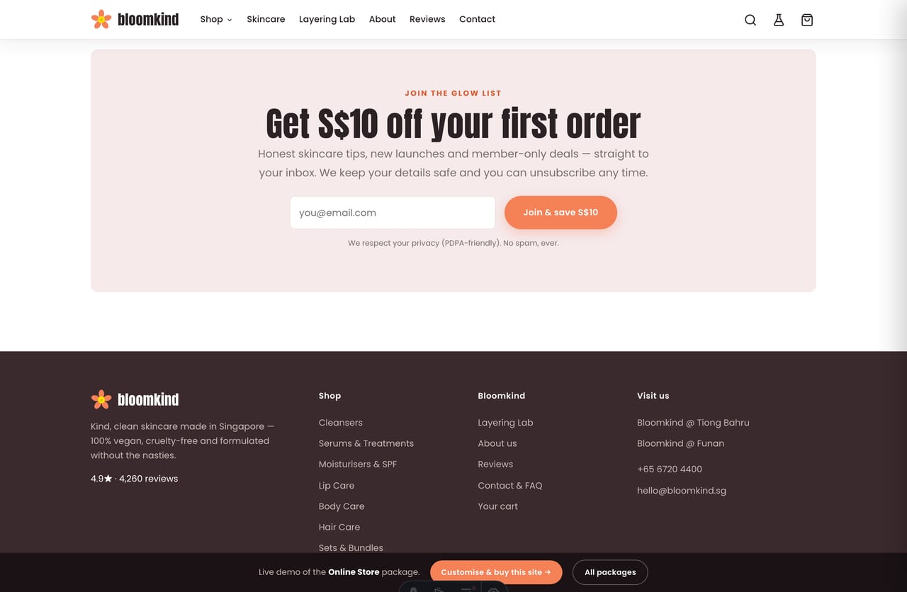 Glow-list newsletter signup with first-order discount on the Bloomkind skincare store