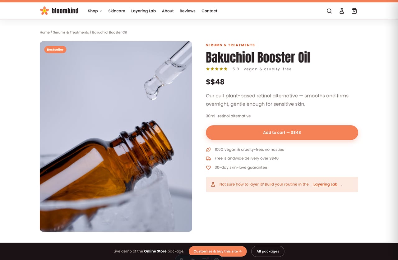 Skincare product detail page with image, ingredient meta, vegan badge and add-to-cart