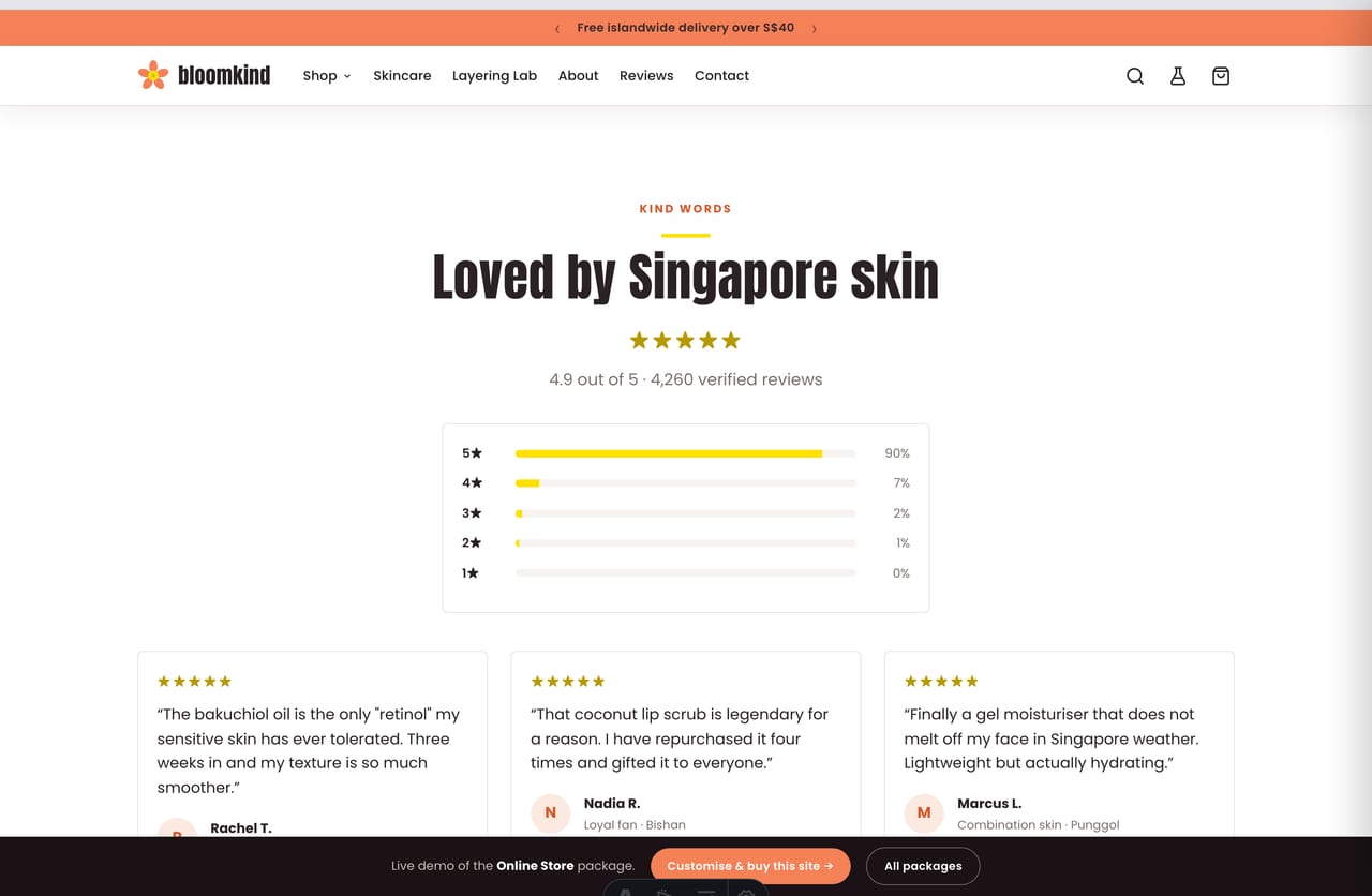 Singapore customer reviews and star ratings on the Bloomkind skincare brand website