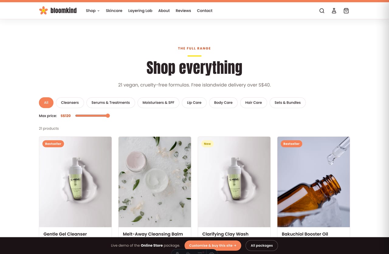 Skincare shop page with filterable product grid, quick-add and SGD pricing