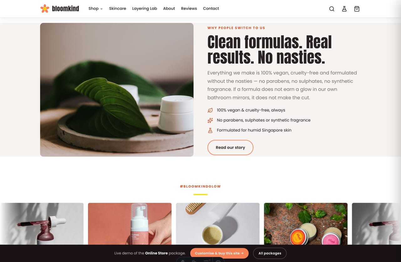 Vegan, cruelty-free and no-nasties trust block on a Singapore skincare brand homepage