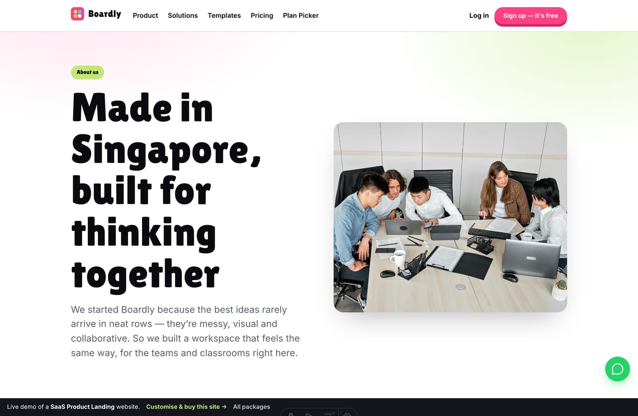 About page for a Singapore SaaS company — story, by-the-numbers stat band, values cards and user testimonials