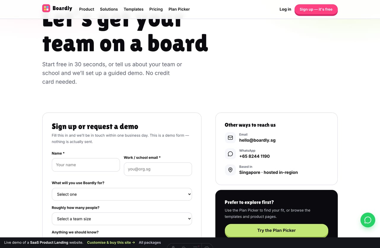 Sign-up / book-a-demo lead form on the Boardly SaaS demo — PDPA-aware fields for team size and use case, no cart