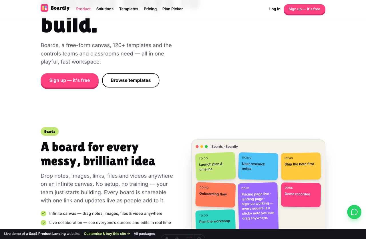 Alternating feature showcase rows on a SaaS product site — colourful board mockups beside benefit copy, each section a different accent colour