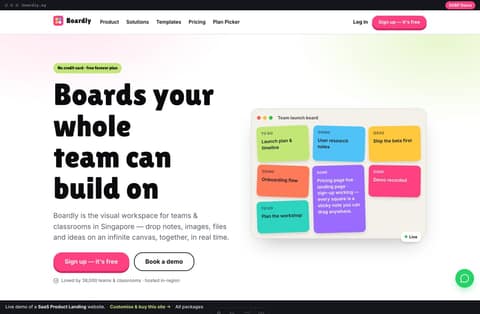Boardly Singapore SaaS product-landing website homepage demo — chunky display headline, pink pill CTA and a colourful sticky-note board mockup