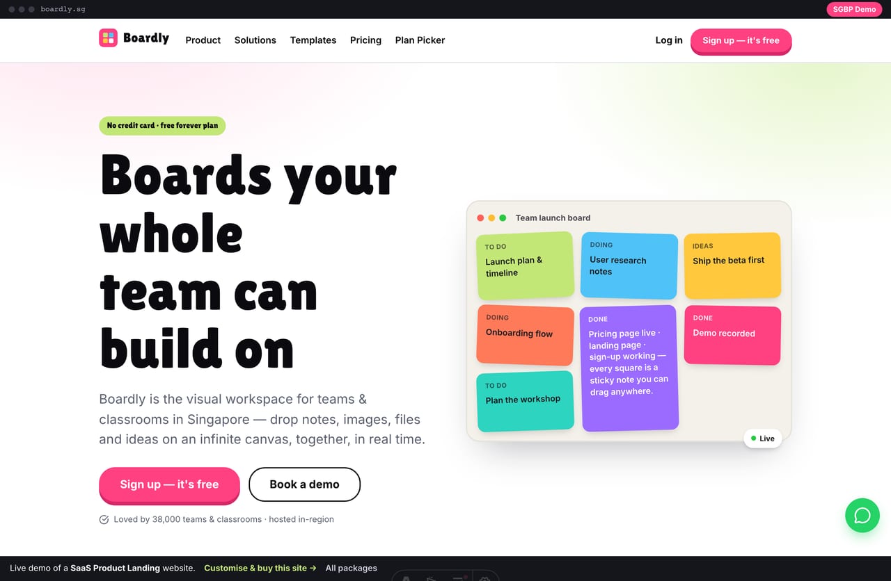 Boardly Singapore SaaS product-landing website homepage demo — chunky display headline, pink pill CTA and a colourful sticky-note board mockup