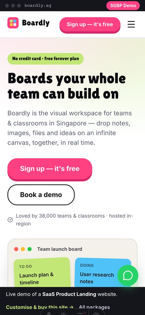 Boardly SaaS landing site on a 390px mobile viewport — chunky hero headline, stacked feature rows and a pink pill CTA