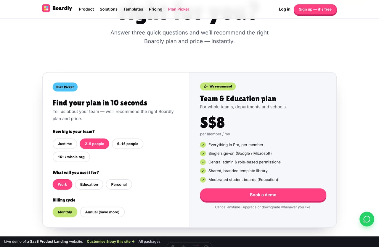 Plan Picker recommendation on a SaaS landing site — a recommended plan with its price, feature list and a Start free CTA