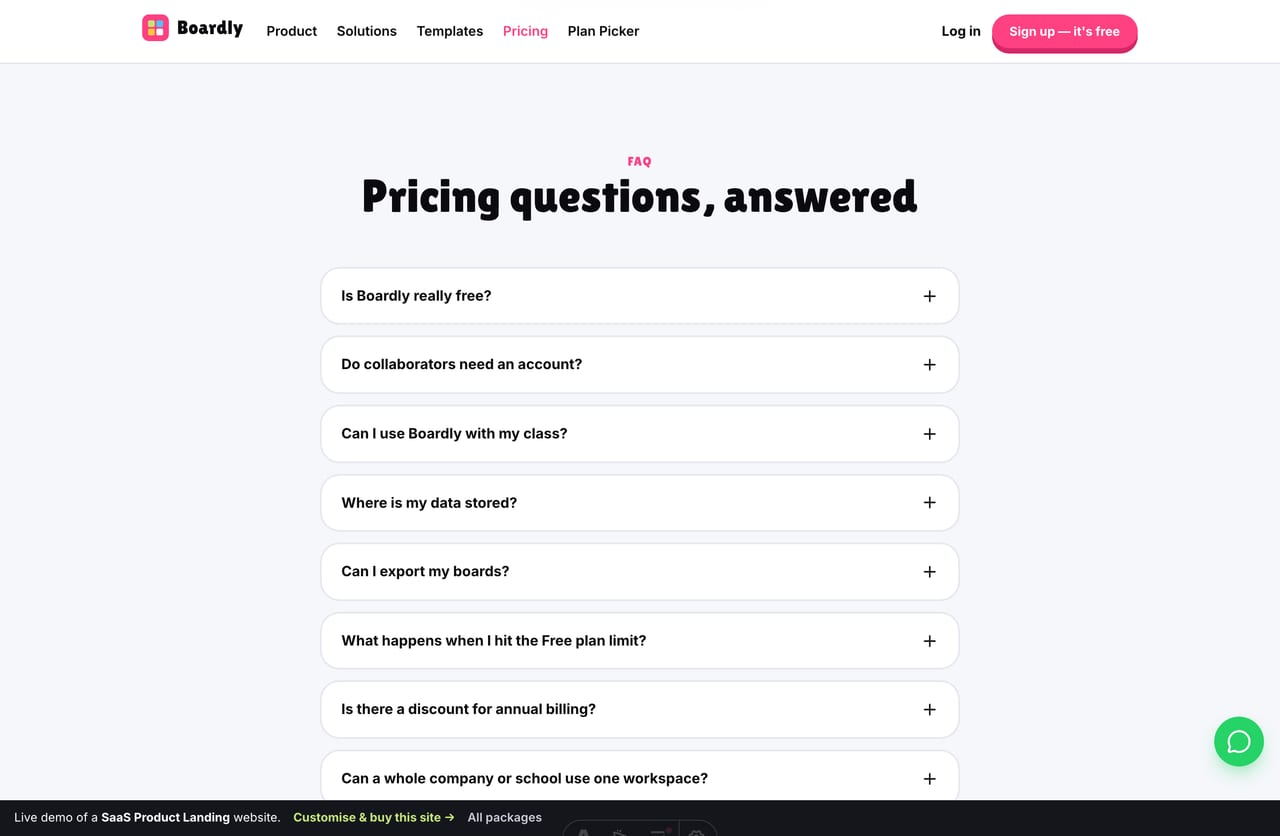 Pricing FAQ accordion on a Singapore SaaS landing site — common questions on cost, free plan, data and billing