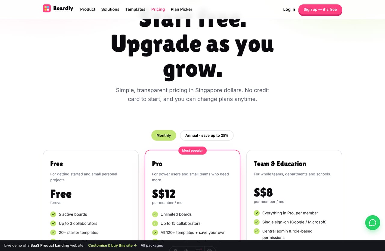 Pricing page on the Boardly demo — Free, Pro and Team tiers as cards with feature lists, a monthly/annual toggle and a featured plan