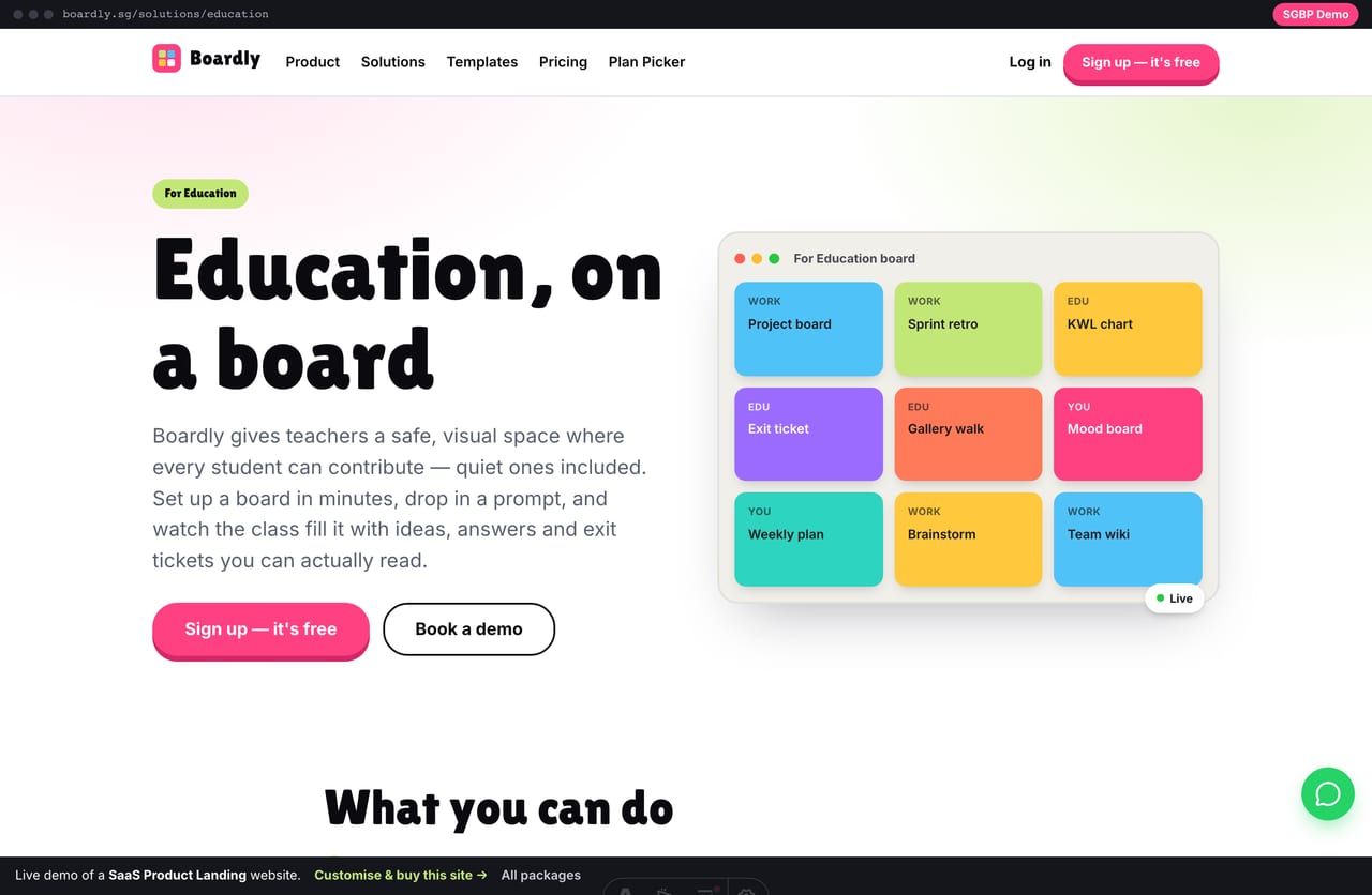 A single use-case page on the SaaS demo — hero with board mockup, a what-you-can-do checklist and a template grid