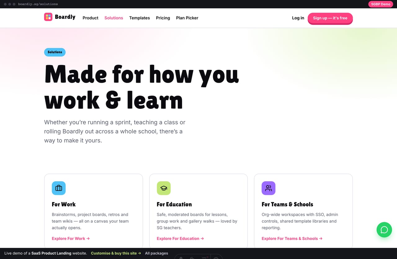 Solutions / use-cases page on the Boardly demo — Work, Education and Teams cards each with a coloured icon and explore link