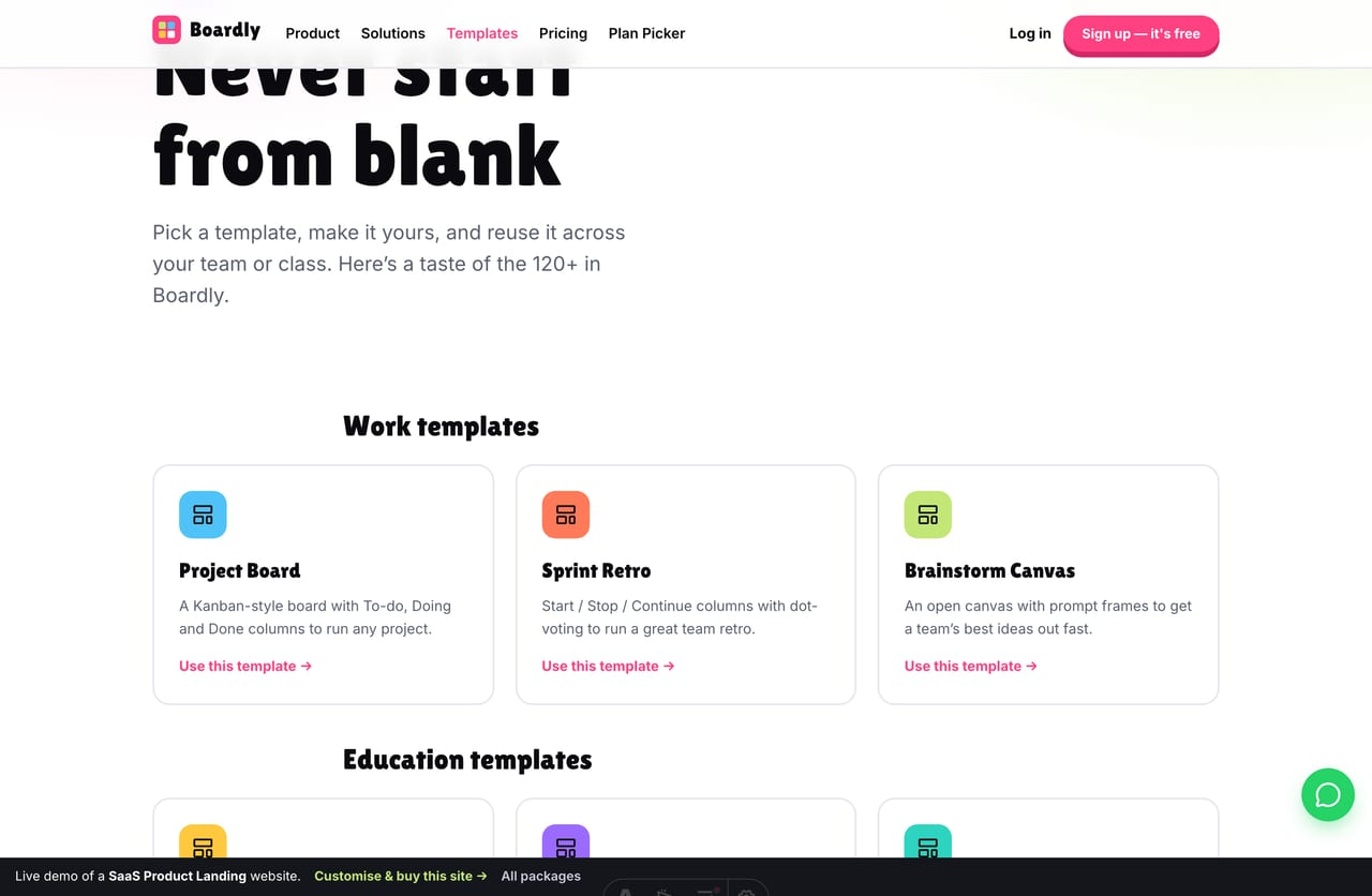 Templates gallery on a SaaS product website — colour-coded template cards grouped by Work, Education and Personal
