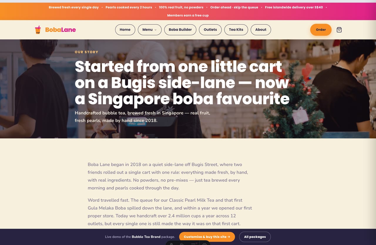 About and brand-story page for a Singapore bubble tea brand started on a Bugis side-lane