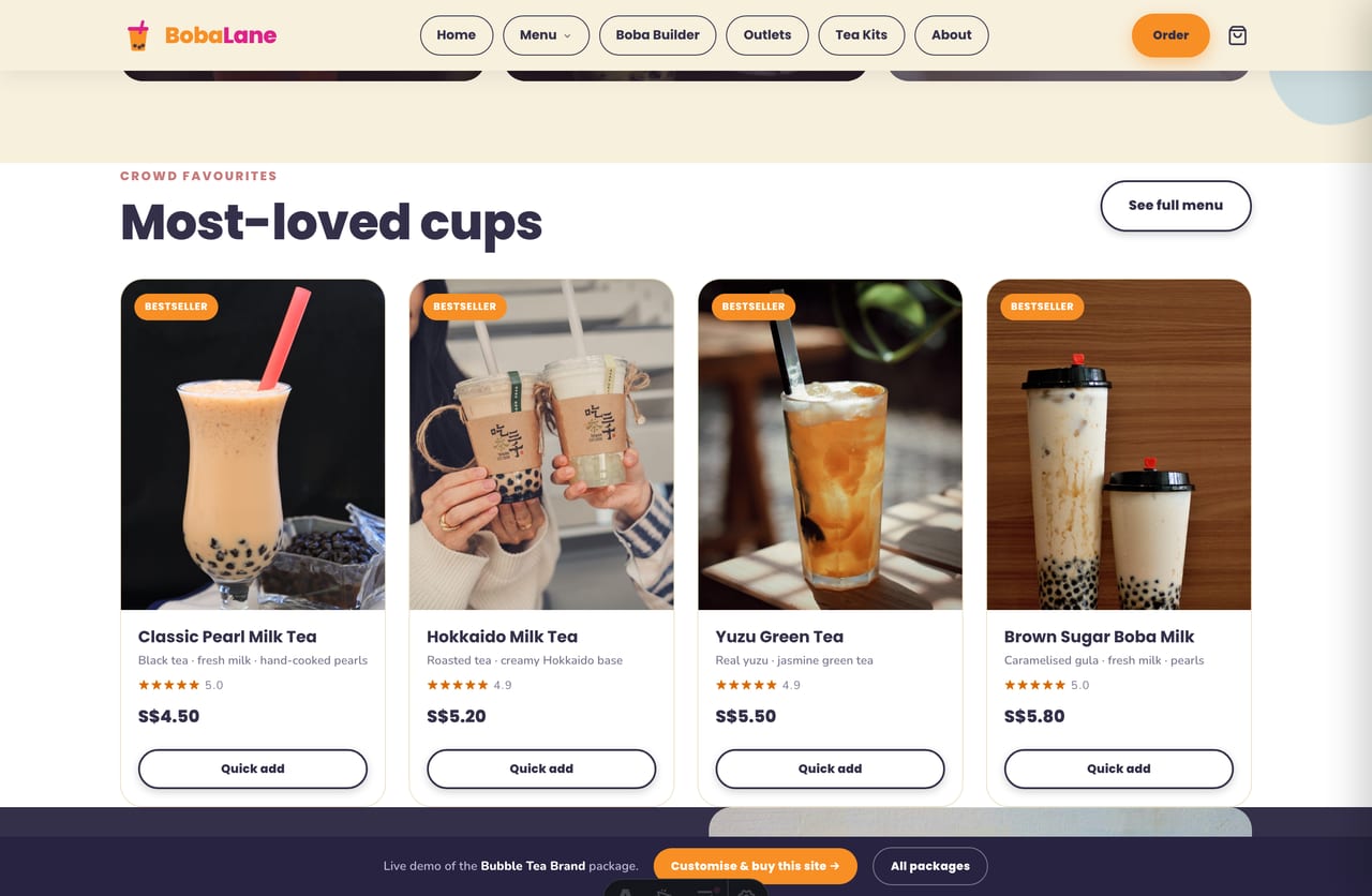 Bestselling bubble tea drinks grid on the Boba Lane brand website