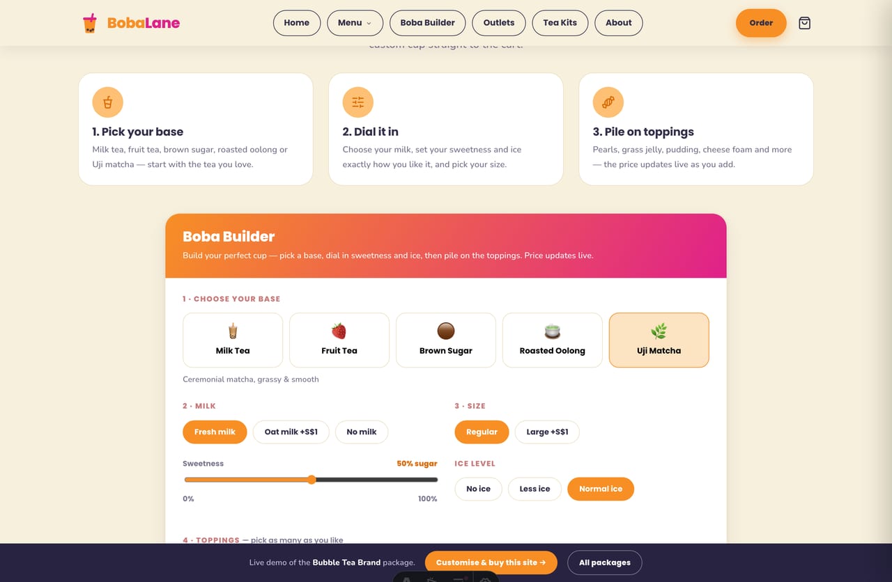 Interactive Boba Builder build-your-own-cup tool on the Boba Lane Singapore bubble tea website