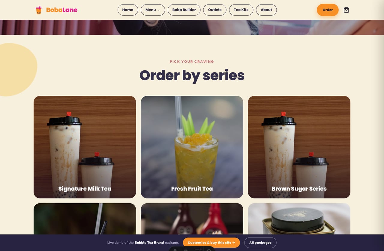 Order-by-series tiles for a Singapore bubble tea brand — milk tea, fruit tea, brown sugar, cheese foam, specials and tea kits